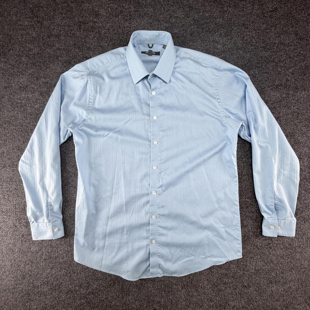 Kenneth Cole Reaction Dress Shirt Mens L Blue Wrinkle Free Stripe 16 34/35